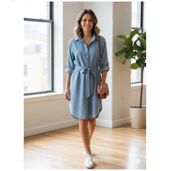 Express Denim Boyfriend Portofino Shirt Dress NWT Slit Pockets Womens Size M - Picture 1 of 9